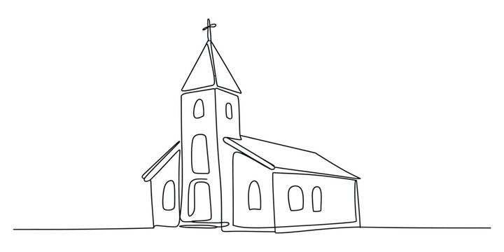 Continuous single line drawing of a small christian church building