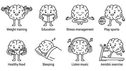 Obraz premium Cute brain characters showing healthy lifestyle.