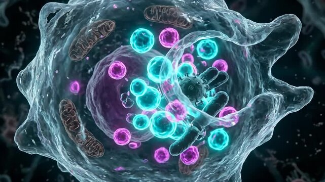 Microscopic immunity defense mechanism visualizing an active immune response, cellular phagocyte eliminating foreign pathogen, biological protection breaking down viral invader, organismal wellbeing.