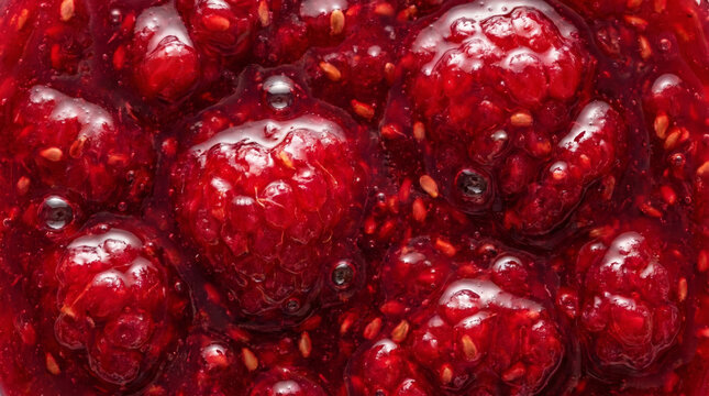 Macro texture of sweet raspberry jam with seeds and bubbles