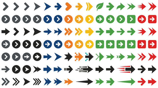Set of various arrow icons in different colors and shapes.
