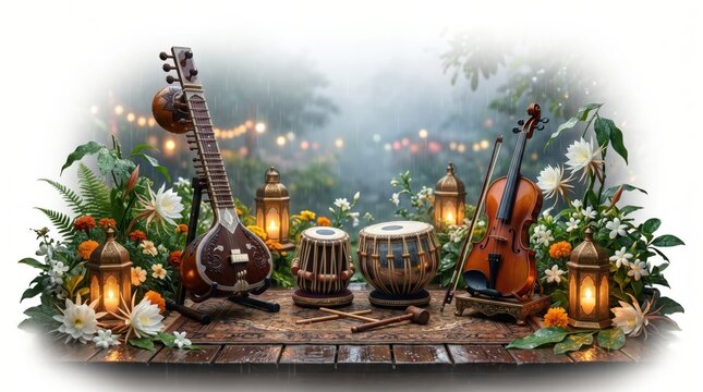 Indian classical musical instruments with flowers and lanterns