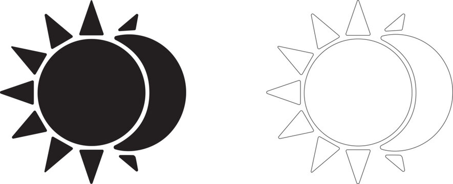 Solar eclipse vector icon, moon phase symbol, day and night cycle, sun and crescent, astronomy and cosmic phenomena.