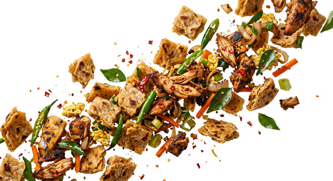 Traditional Sri Lankan Chicken Kottu Roti Flying with Spices and Vegetables on Black Background