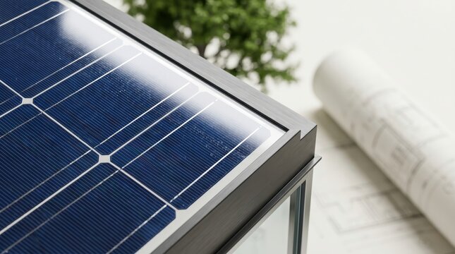 Solar panel module blueprint roll miniature tree industrial project