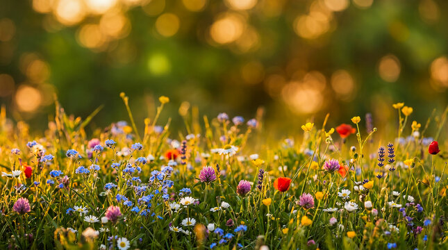 A beautiful, lush meadow filled with colorful wild flowers including red poppies, blue forget-me-nots, and purple clover blooming under a warm golden sunset.