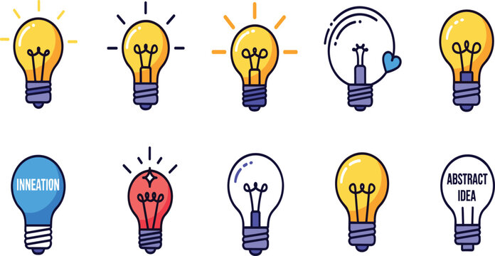 Light Bulb and Creative Idea Vector Set with Innovation Lamp Bright Thinking and Business Icons