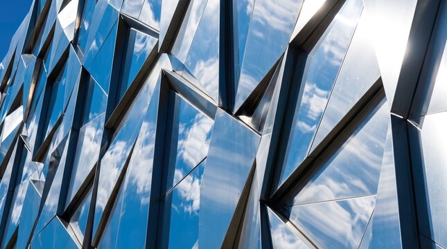 Modern futuristic building facade with geometric glass panels reflecting blue sky and clouds