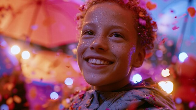 Joyful closeup of a childs face illuminated by bright reflective streetlights with outoffocus umbrellas and confetti creating a lively dynamic parade atmosphere after a ra