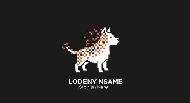 Pixelated dog logo, digital art, modern design, abstract elements, dark background