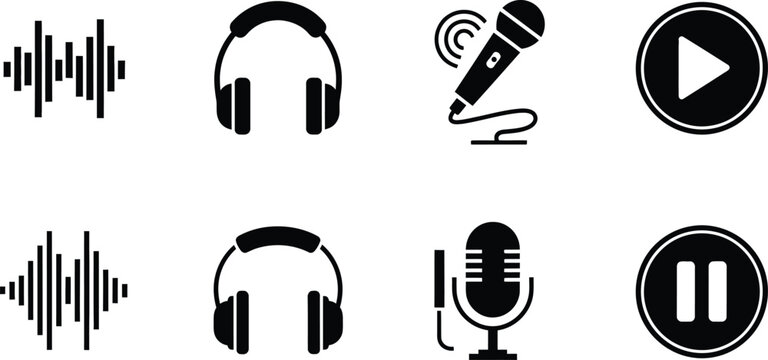 Podcast equipment and audio waveform icons set black and white vector graphics