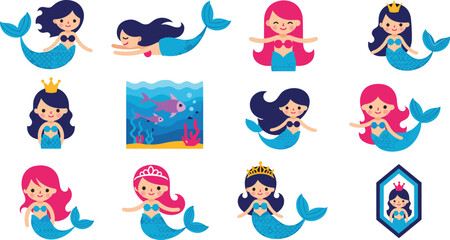 Obraz premium Mermaid Character Vector Set Collection Isolated on White Background