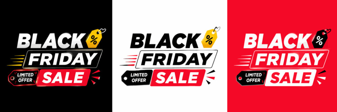 Black friday sale limited offer in black, white, and red backgrounds