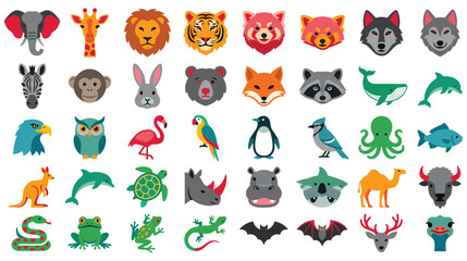 Colorful wild animal and bird icons collection set flat. © GW