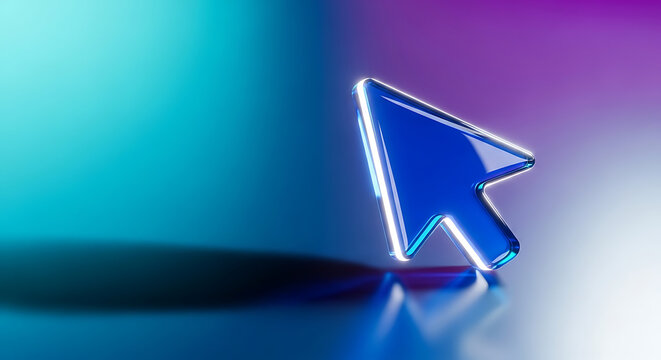 Close-up of a glowing blue computer mouse cursor icon with a dramatic shadow on a gradient background mouse pointer selection technology computer interface internet navigation gradient