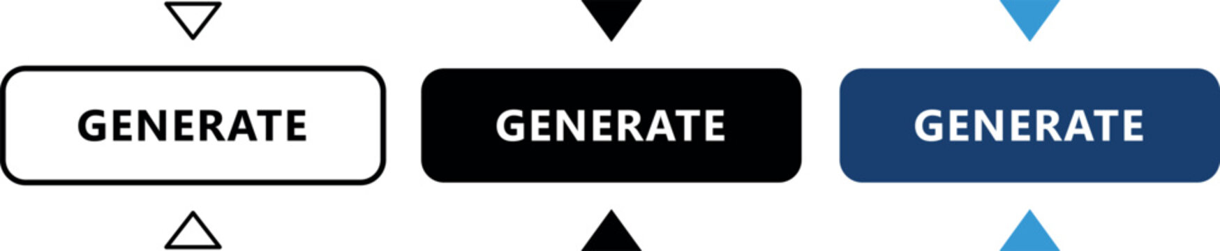 Modern UI call to action buttons with generate text, set of three web interface elements in white black and blue, flat vector design for software