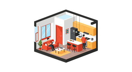 Obraz premium Isometric Modern Studio Apartment Interior Illustration with People Cooking and Relaxing in Living Room and Kitchen Area