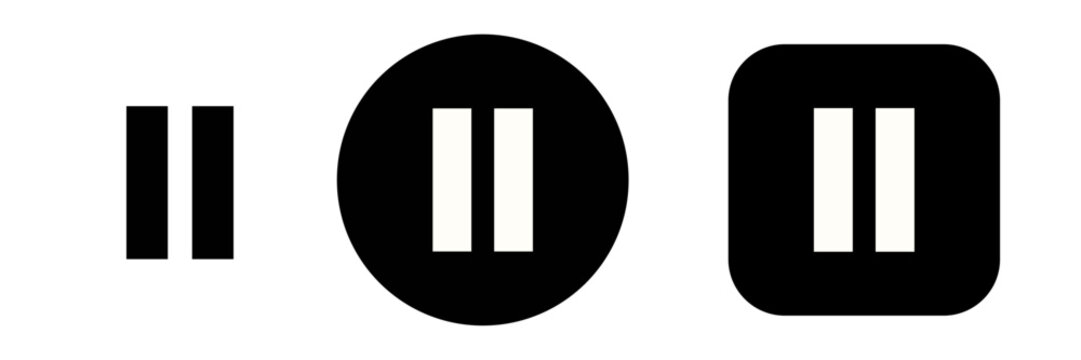 Pause icon set in button style with media player symbol. Video playback control icons for app and web interface, multimedia controls and content navigation