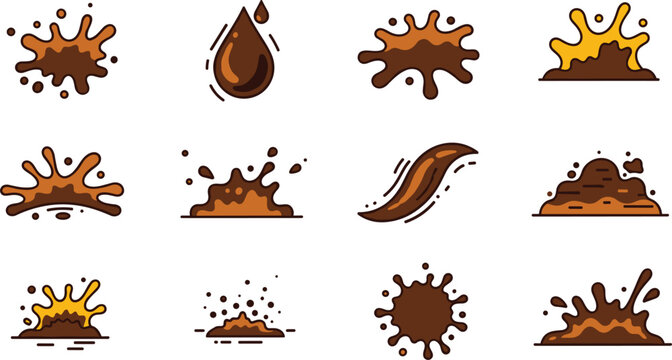 Mud Splash and Dirt Stain Vector Set Isolated on White Background