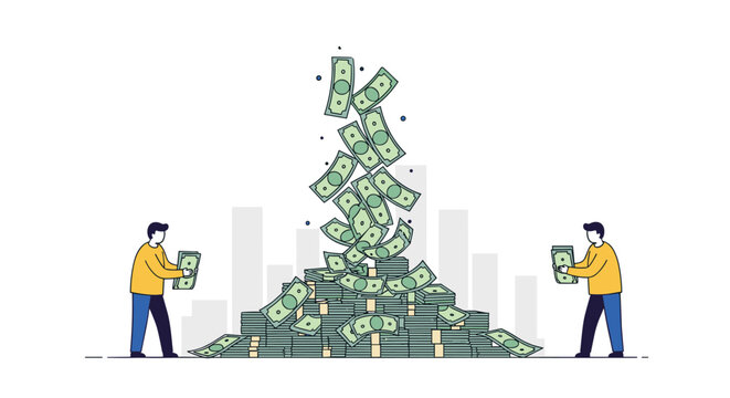 Two tiny business people work together to build a massive pile of green money bills in front of a grey cityscape, representing wealth.