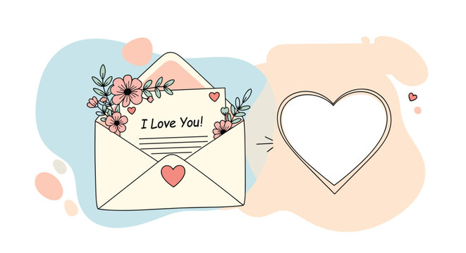 Beautiful love letter inside an envelope is decorated with pink flowers and a large heart shaped frame on a soft pastel background.