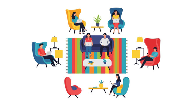 Flat Vector Illustration of Remote Workers and Freelancers in a Modern Coworking Lounge Space
