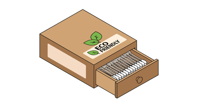 Isometric view of an eco-friendly cardboard box showing a drawer filled with many wooden cotton swabs for sustainable hygiene.