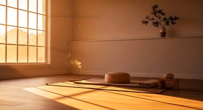 Warm sunlit meditation and yoga space with zafu cushion and mat, wooden floor