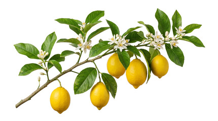 Fresh lemon fruit branch with white flowers isolated on transparent background png for citrus marketing. © Png ProTeam