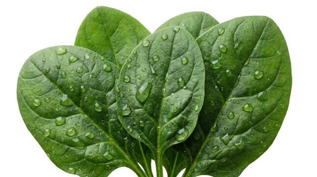 Fresh green spinach leaves with water drops healthy food isolated on transparent background high quality png.