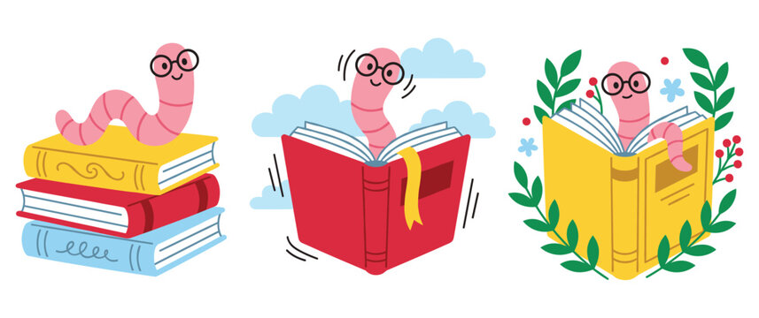 Friendly bookworm characters reading stacks of books.