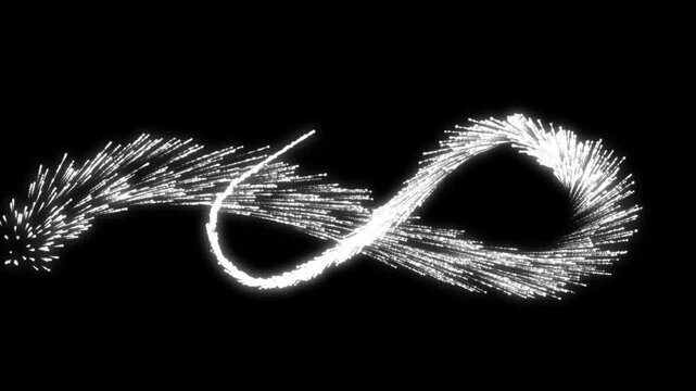 Luxurious infinity particle trail, shimmering dot ball lights, flowing digital data lines, sparkling fairy dust effects, endless energy concept, elegant motion graphics, black screen background, 4k