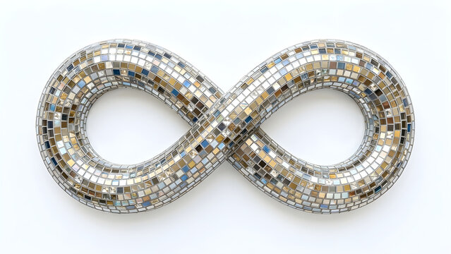 Silver mirror disco ball mosaic infinity loops symbol isolated on white background, endless eternity concept
