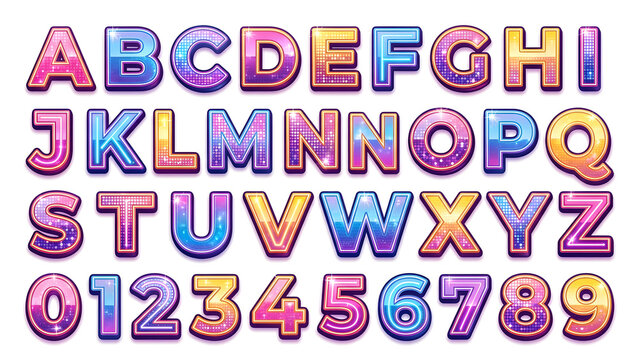Colorful retro disco ball mirror mosaic typography text set including alphabet and numbers isolated on white background