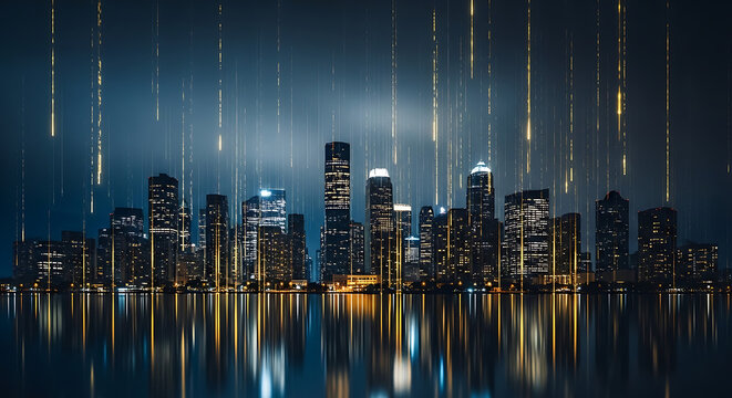 Futuristic cityscape at night with digital rain effect smart city cityscape futuristic architecture metropolis skyscrapers reflection technology abstract background illumination