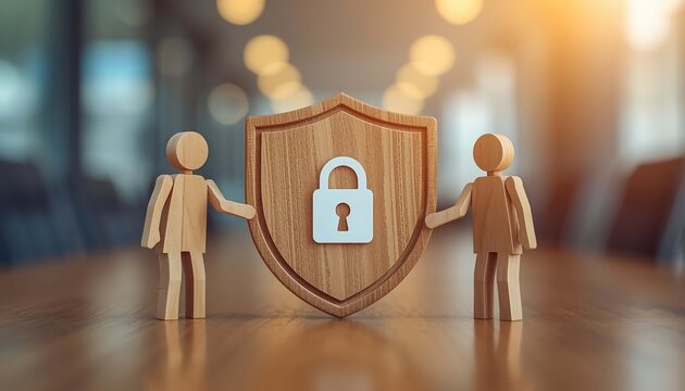 Collaborative security Wooden figures protect sensitive data with a shield and padlock, symbolizing strong digital safety and partnership in a secure business environment