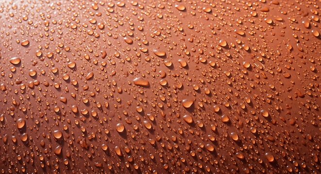 "Macro shot of wet reddish-brown textured surface covered in tiny glistening water droplets, warm tones, high detail, photorealistic"