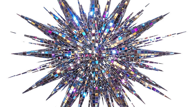 Abstract silver mirror disco ball starburst explosion shape isolated on white background, dynamic festive element