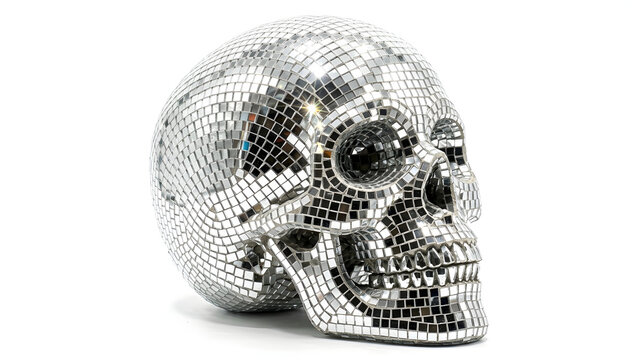 Gothic style skull sculpture covered in silver mirror disco ball mosaic tiles isolated on white background, edgy art concept