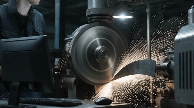 Medium shot of an engineer calibrating AI software to optimize grinding parameters enhancing carbide blade durability and precision in industrial setting