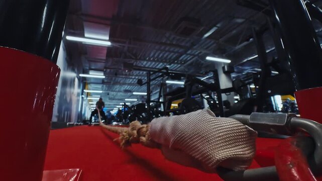 Strong Man Drags A Heavy Weight Sled With A Rope Along An Indoor Gym Training Track In A Modern Gym