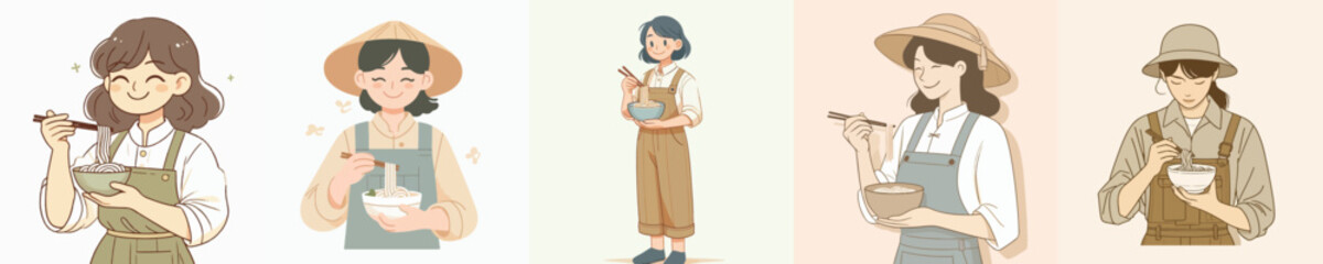 Fototapeta premium vector female farmer eating noodles standing pose