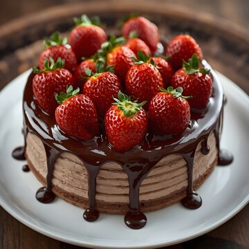 "Delicious chocolate cake topped with fresh strawberries and chocolate drizzle, elegant presentation, soft studio lighting, luxury dessert photography, realistic textures, shallow depth of field, prem