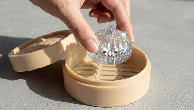 Bright shiny peekaboo squishy toys in decorative baskets for making steamed dumplings. Conceptual photography for children's entertainment, retail, and contemporary pop culture trends.