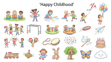 Obraz premium Happy childhood vector clip art set with playful kids, toys, balloons, games, birthday cake, rainbow, kite, butterfly and cute activity icons