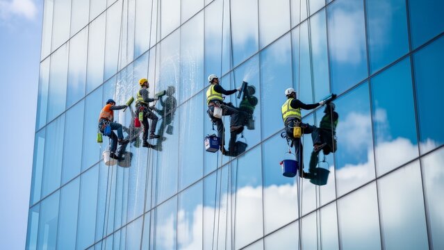 A team of window cleaners in safety gear scaling a high-rise building with a blue sky and clouds reflected in the glass facade, highlighting the importance of property management and maintenance in