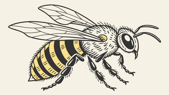Detailed vintage style honey bee illustration with yellow accents honeybee illustration detailed wildlife engraving scientific antennae pollinator minimalist environment creature