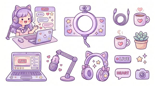 Cute Kawaii Streamer Set Illustrations for Gaming, Vlogging, and Content Creation with Fun Accessories
