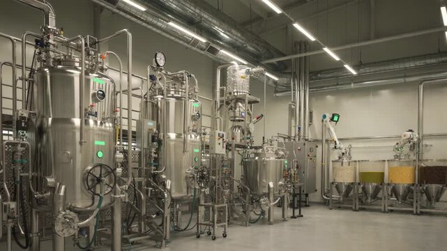 Medium shot of a lowcarbon biomonomer processing area highlighting automated systems and green chemistry principles fostering reduced emissions in advanced resin manufacturing