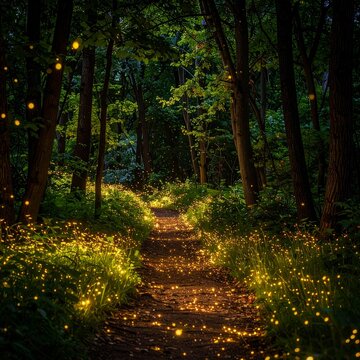 Magical forest path, fireflies